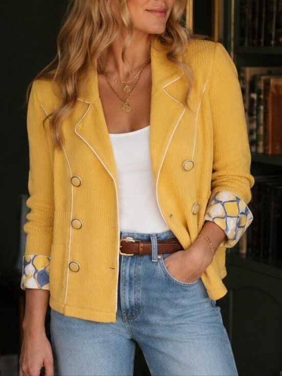 Anthropologie Jackets & Blazers - SPARROW x Anthropologie S Mustard Yellow Knit Blazer Style Sweater w White Trim